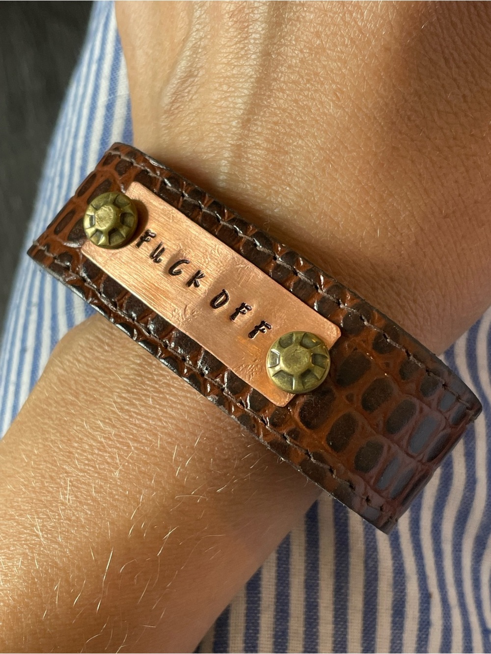 Brown Croc-Embossed Leather Bracelet with Copper Plate